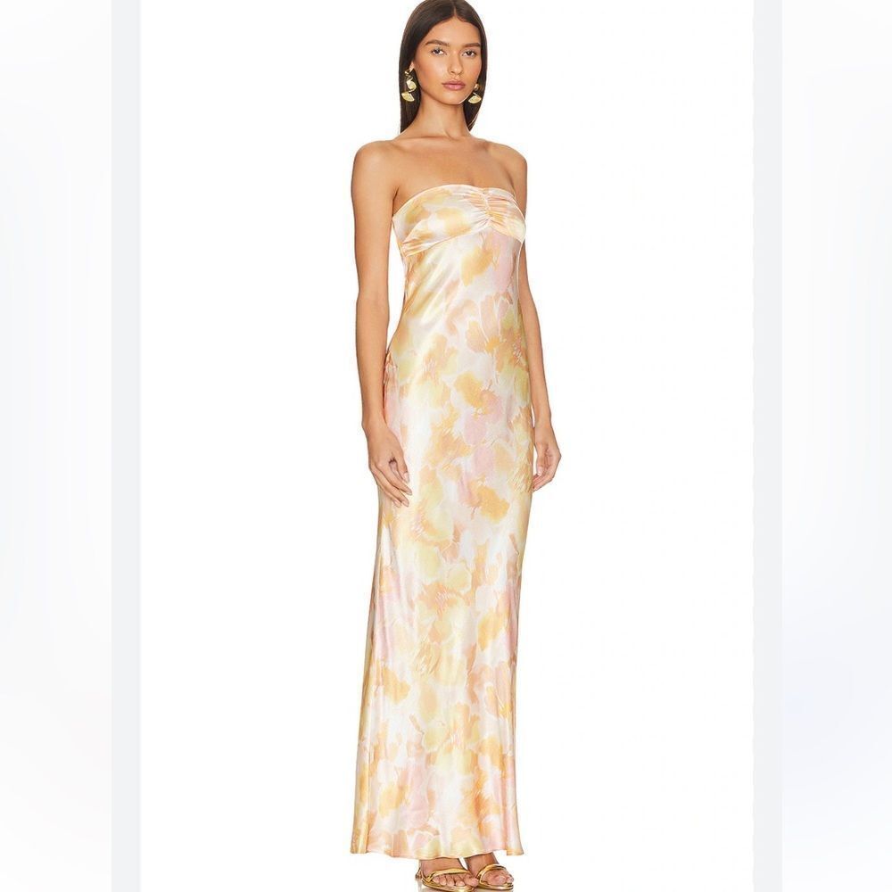 Bec & Bridge Strapless Pastel Yellow and Pink Satin Maxi Dress